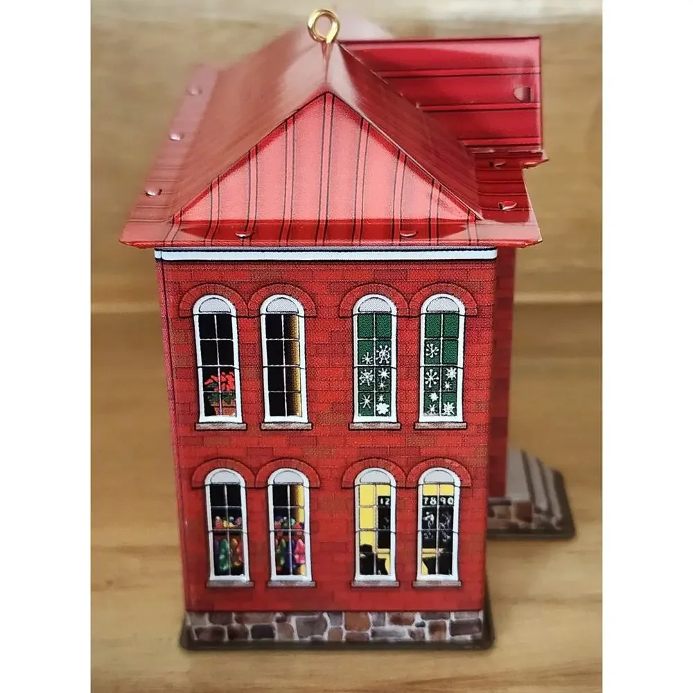 2003 Hallmark Schoolhouse and Flagpole Tin House Keepsake Ornament In Box